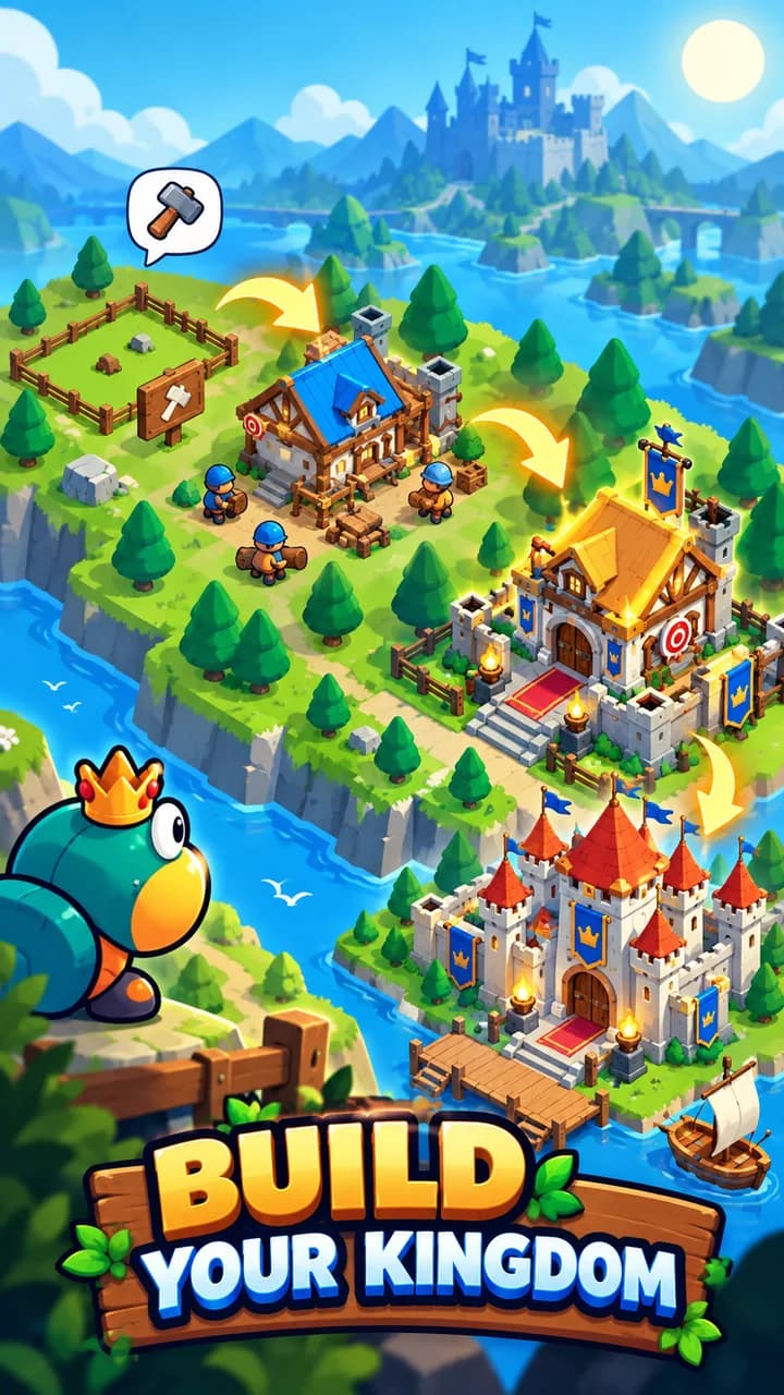An isometric island growing from a fenced plot to a full castle, with a crowned frog companion looking on.