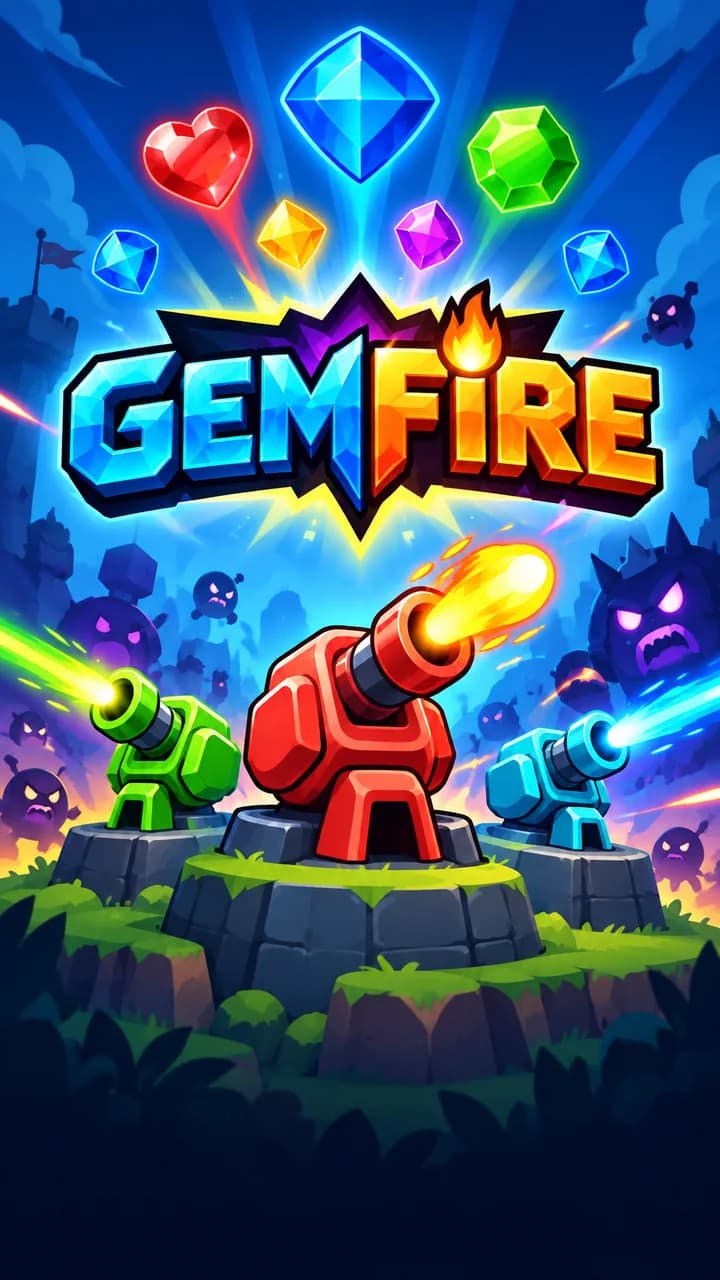 The Gemfire title screen: three turrets on stone plinths firing into a horde of shadow creatures under a rain of gems.